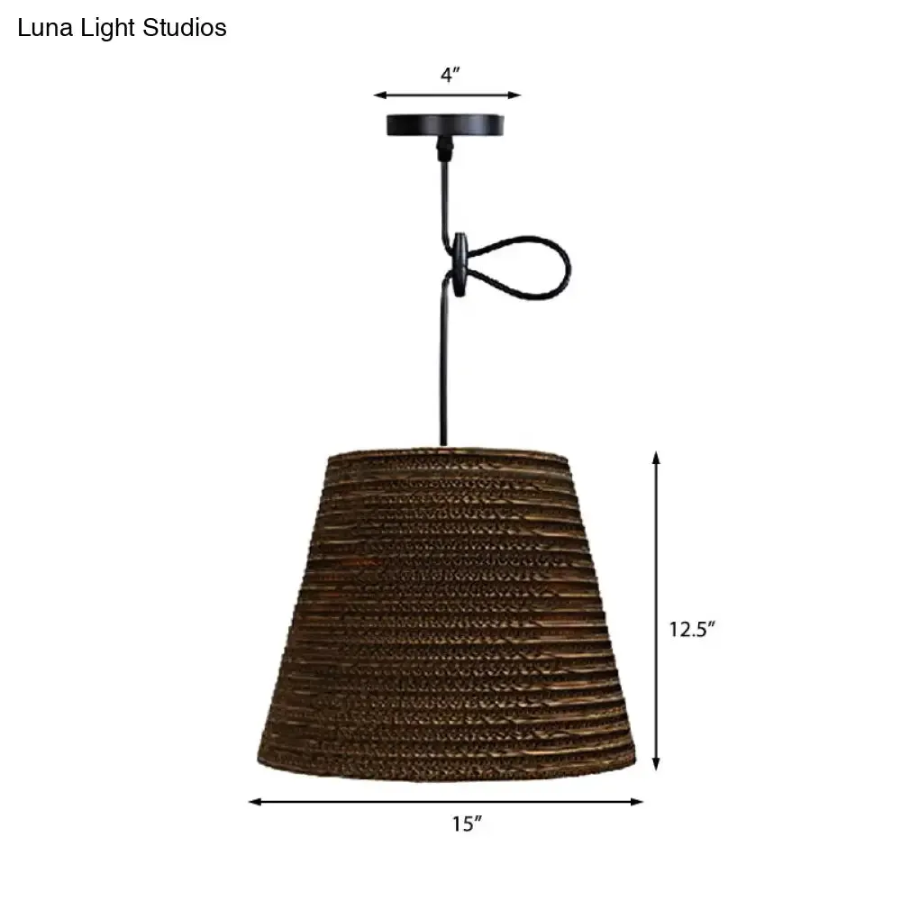 Corrugated Paper Hanging Lamp - Asian Style with Brown High Waist Shade - Restaurant Pendant Light