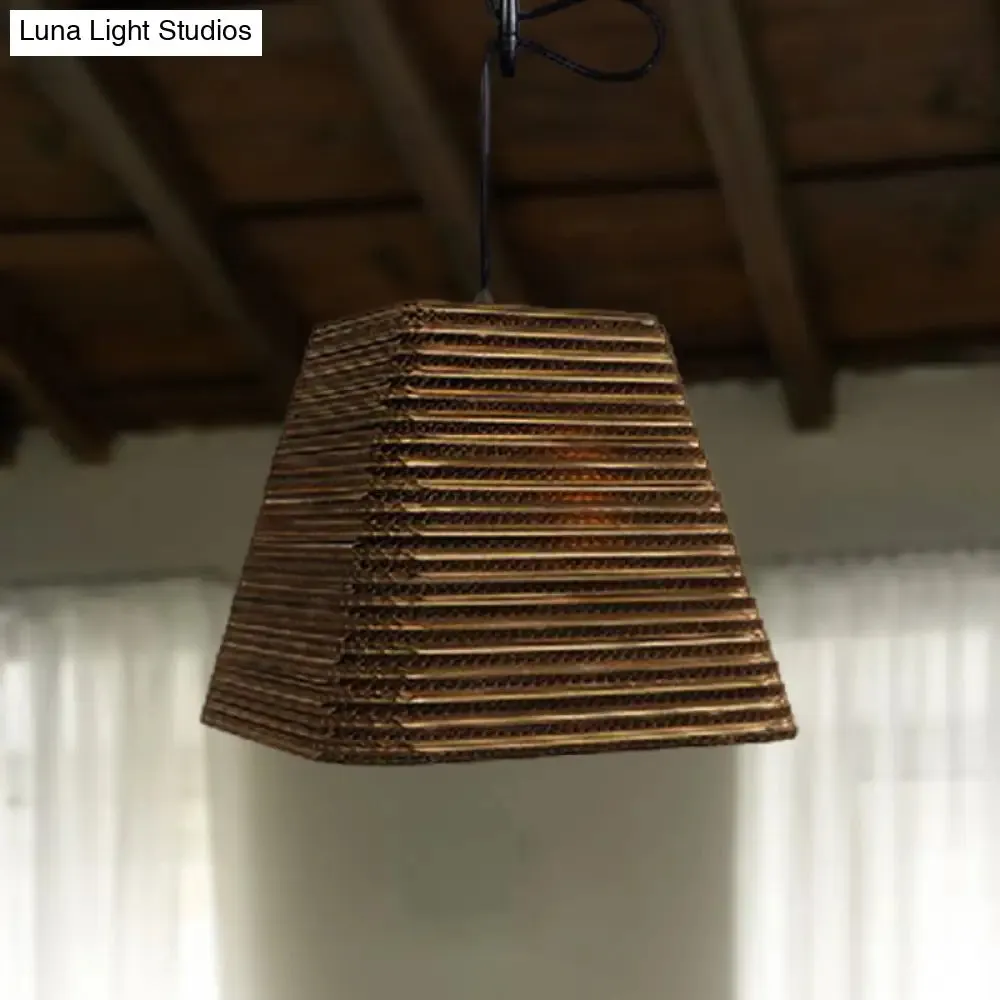 Corrugated Paper Hanging Lamp - Asian Style with Brown High Waist Shade - Restaurant Pendant Light