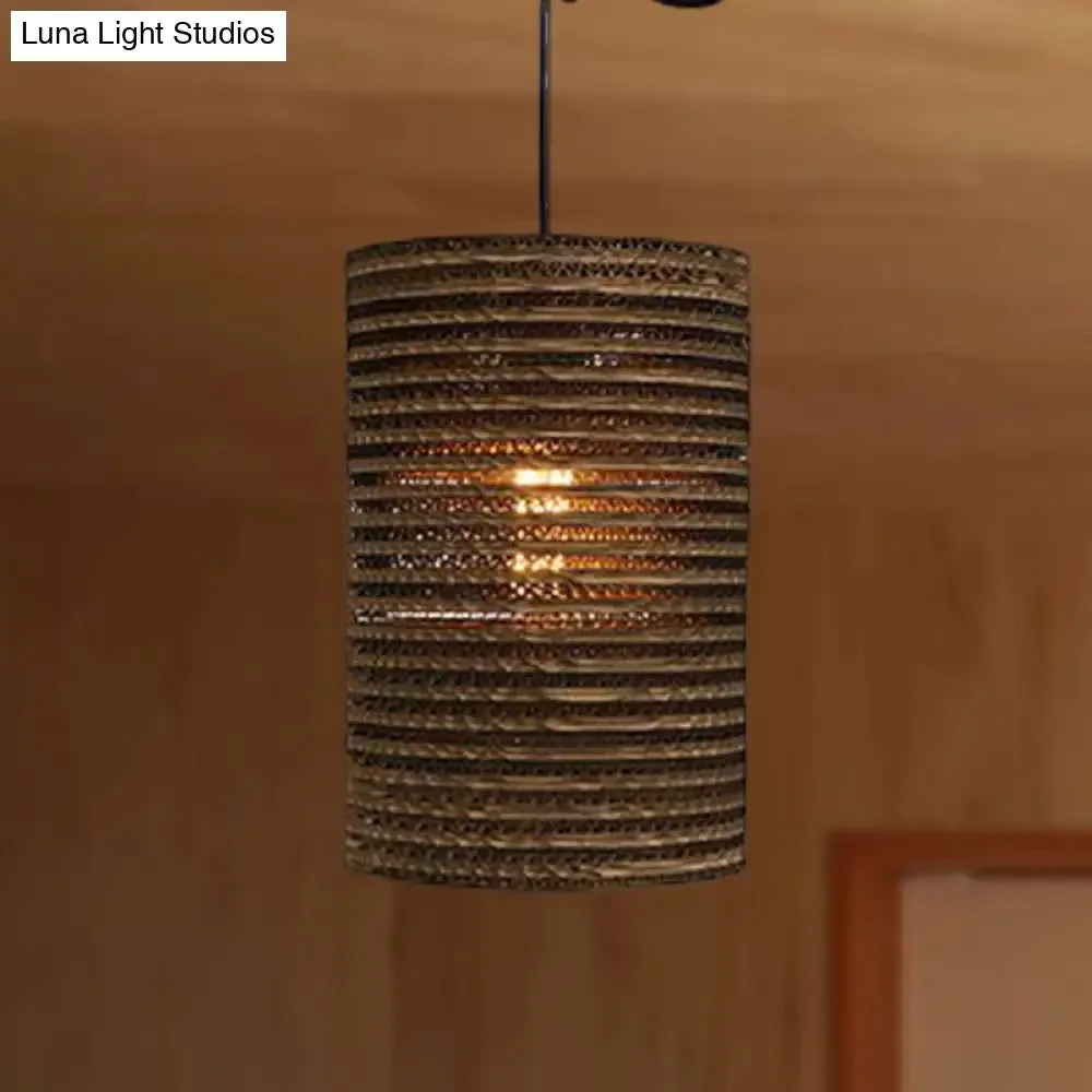 Corrugated Paper Hanging Lamp - Asian Style with Brown High Waist Shade - Restaurant Pendant Light