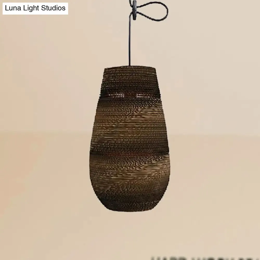 Corrugated Paper Hanging Lamp - Asian Style with Brown High Waist Shade - Restaurant Pendant Light