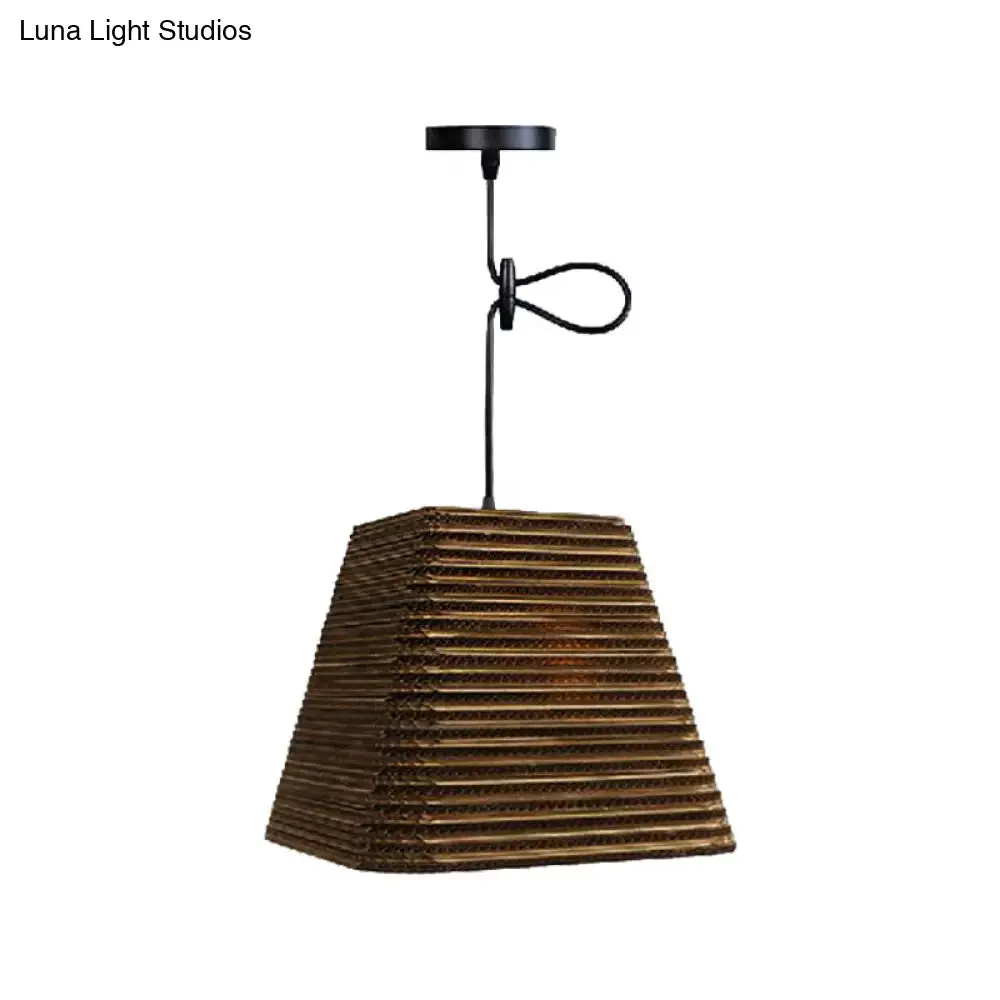 Corrugated Paper Hanging Lamp - Asian Style with Brown High Waist Shade - Restaurant Pendant Light