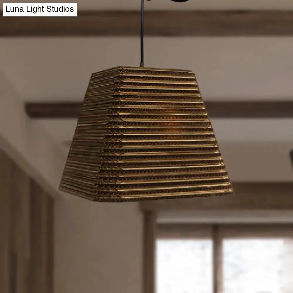 Corrugated Paper Hanging Lamp - Asian Style with Brown High Waist Shade - Restaurant Pendant Light