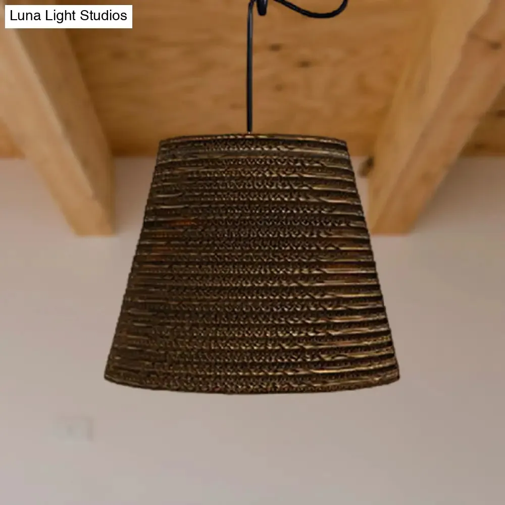 Corrugated Paper Hanging Lamp - Asian Style with Brown High Waist Shade - Restaurant Pendant Light