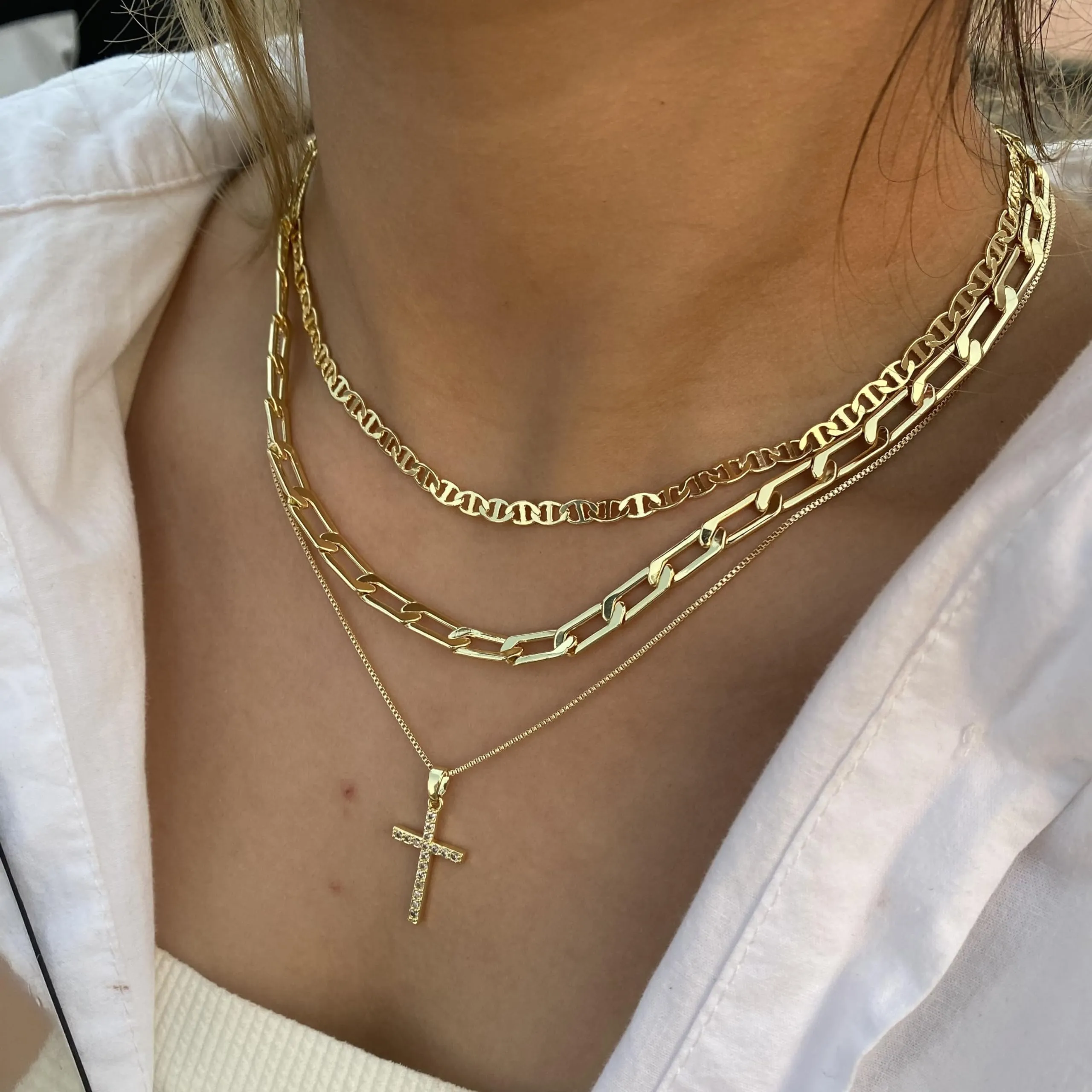 Cross Necklace for Women,Stackable Stacked Stacking Layering Layered Necklaces Dainty Gold Necklace Paperclip Box Flat Mariner Chain Necklace Cross Pendant CZ Diamond Simple Jewelry Gift