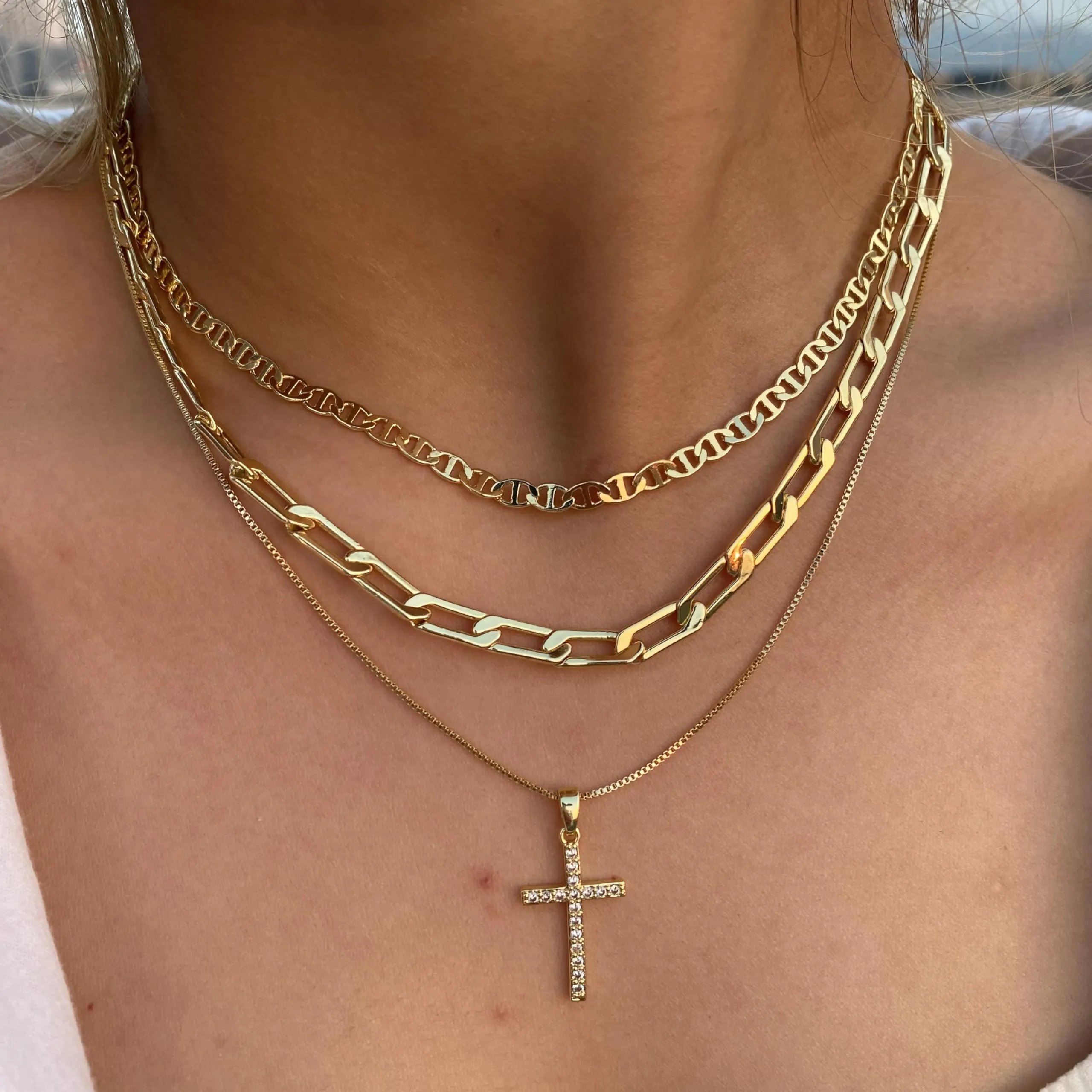 Cross Necklace for Women,Stackable Stacked Stacking Layering Layered Necklaces Dainty Gold Necklace Paperclip Box Flat Mariner Chain Necklace Cross Pendant CZ Diamond Simple Jewelry Gift