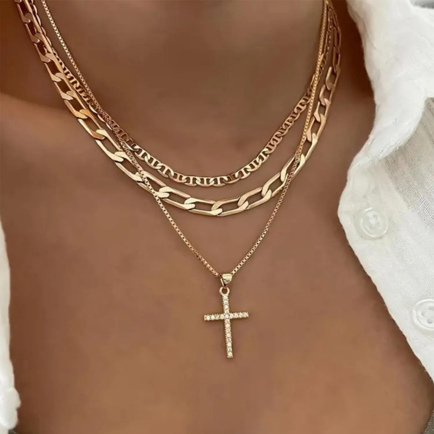 Cross Necklace for Women,Stackable Stacked Stacking Layering Layered Necklaces Dainty Gold Necklace Paperclip Box Flat Mariner Chain Necklace Cross Pendant CZ Diamond Simple Jewelry Gift