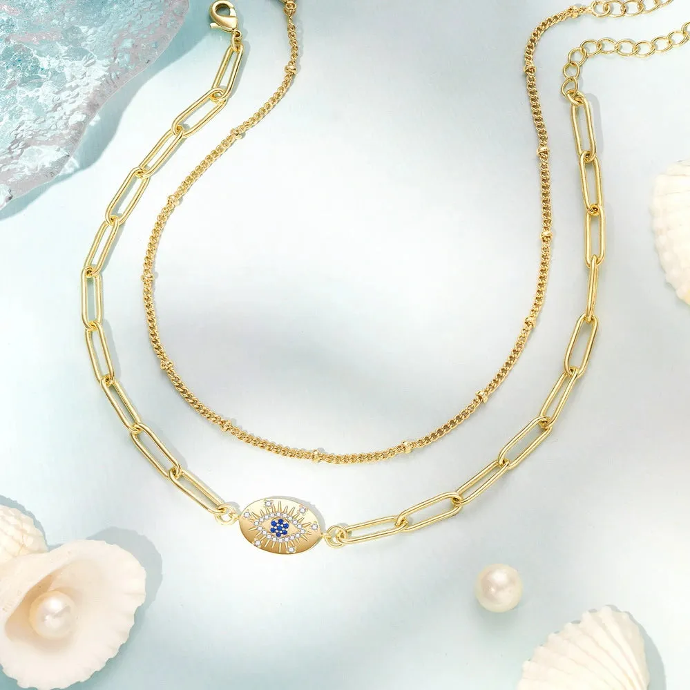 Dainty 14k Gold Plated Layering Evil Eye Anklets Set- Oval Evil Eye Satellite