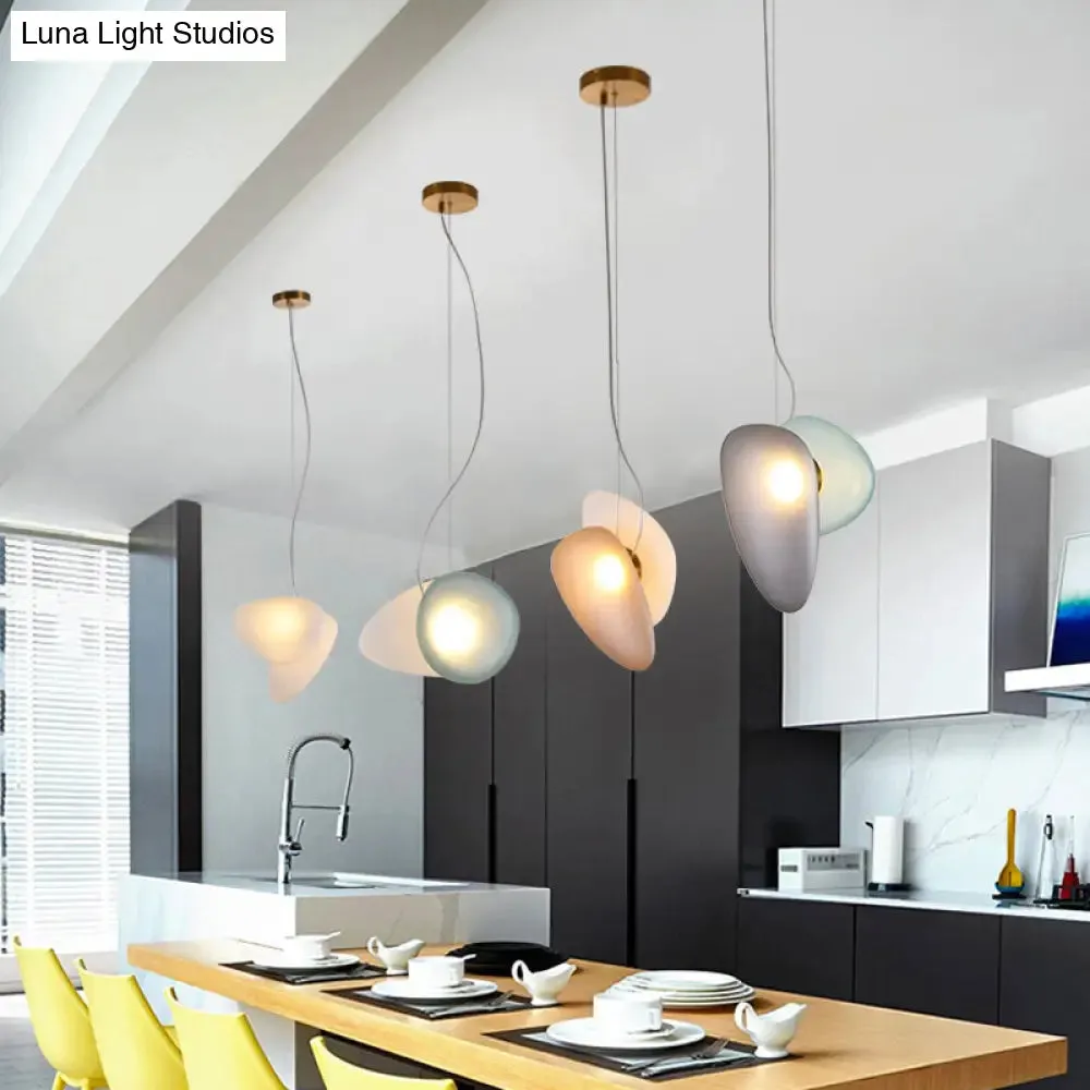 Dining Room Pendant Light - Post-Modern Brass Suspension Lighting with Blue/Cream Glass Shade - Set of 2