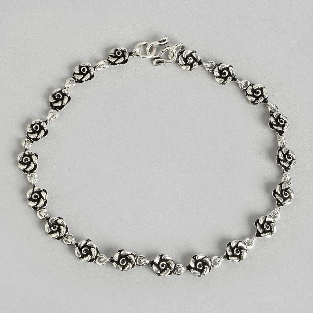 Floral Chained 925 Sterling Silver Anklets in Rhodium Plating