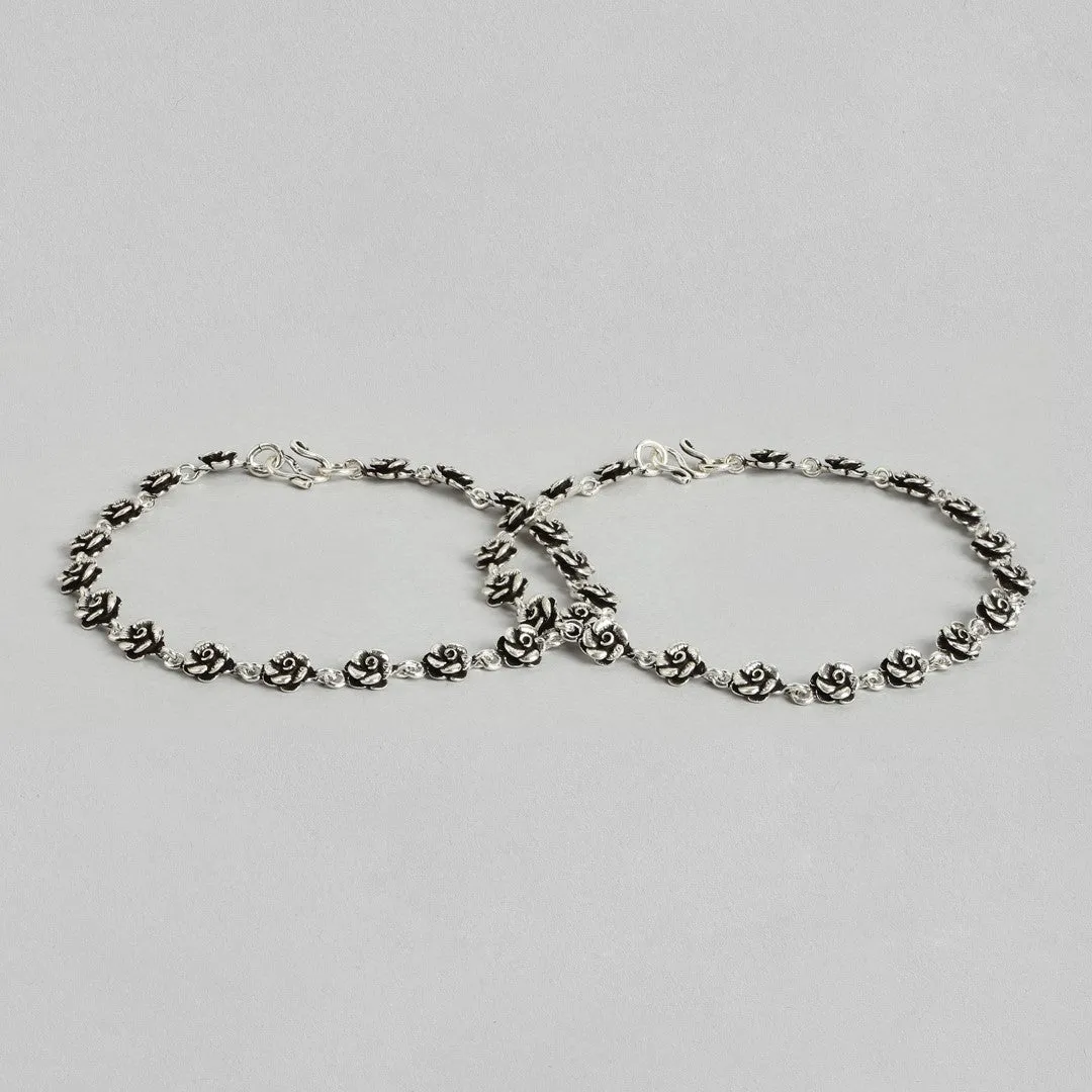 Floral Chained 925 Sterling Silver Anklets in Rhodium Plating