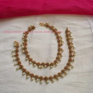 Floral Matte Gold Anklet With Pearls