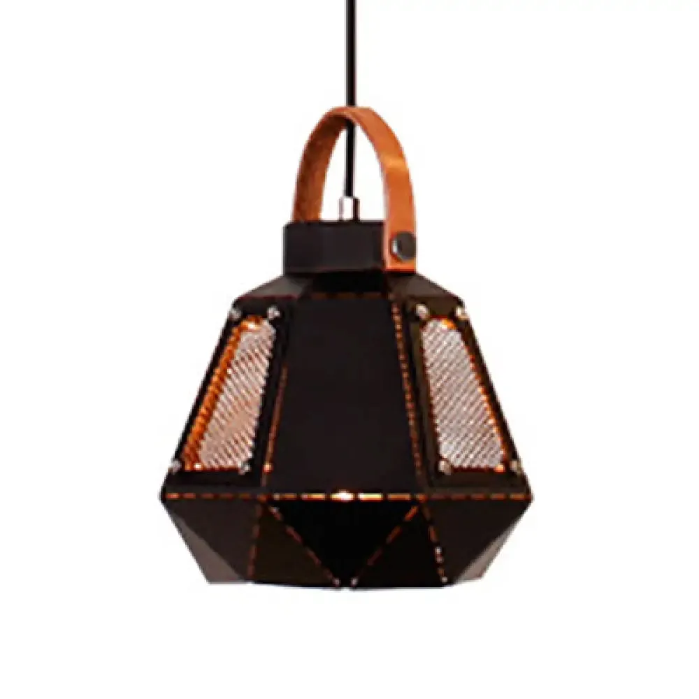 Geometric Dining Room Hanging Light - Industrial Loft Metal Pendant Lamp with Leather Strap, 1 Head, White/Black, Multiple Width Options