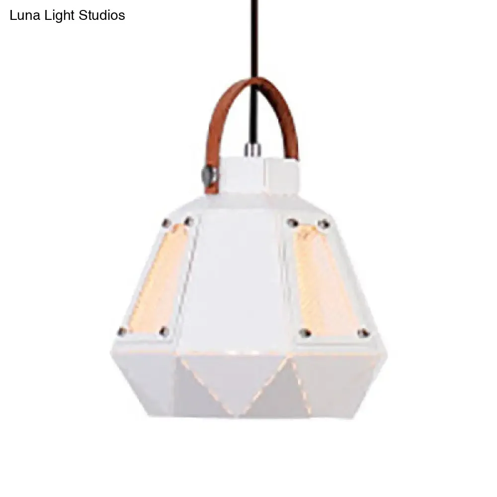 Geometric Dining Room Hanging Light - Industrial Loft Metal Pendant Lamp with Leather Strap, 1 Head, White/Black, Multiple Width Options