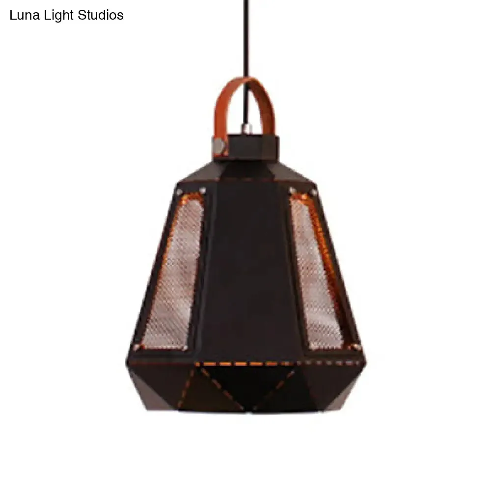 Geometric Dining Room Hanging Light - Industrial Loft Metal Pendant Lamp with Leather Strap, 1 Head, White/Black, Multiple Width Options