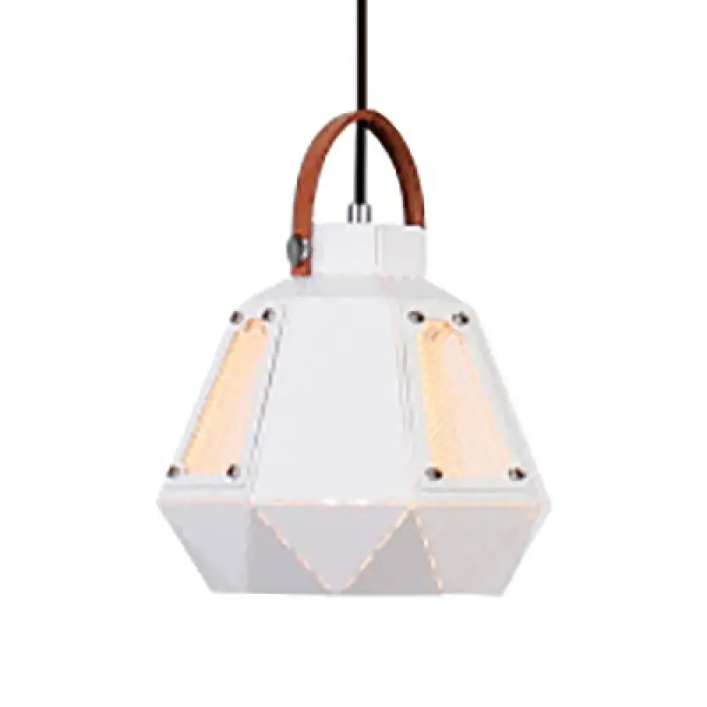 Geometric Dining Room Hanging Light - Industrial Loft Metal Pendant Lamp with Leather Strap, 1 Head, White/Black, Multiple Width Options