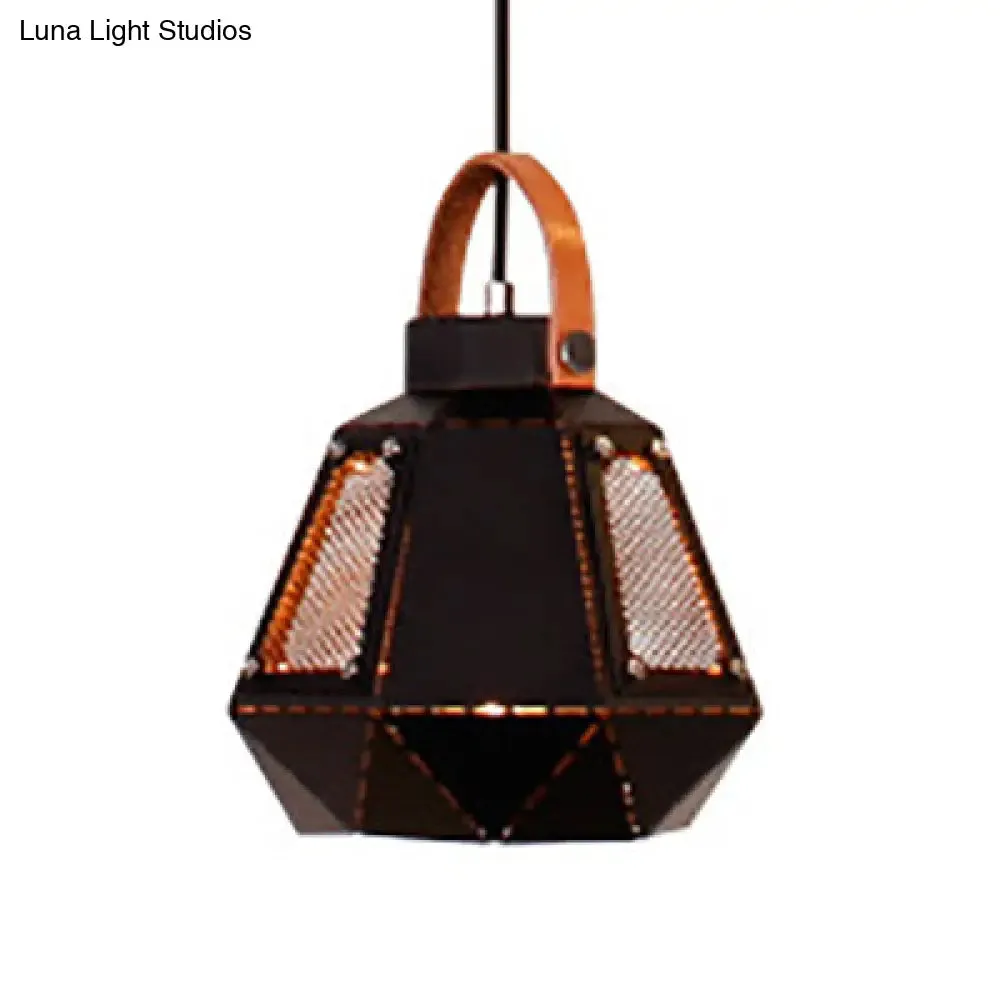 Geometric Dining Room Hanging Light - Industrial Loft Metal Pendant Lamp with Leather Strap, 1 Head, White/Black, Multiple Width Options