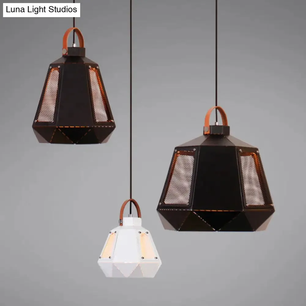 Geometric Dining Room Hanging Light - Industrial Loft Metal Pendant Lamp with Leather Strap, 1 Head, White/Black, Multiple Width Options