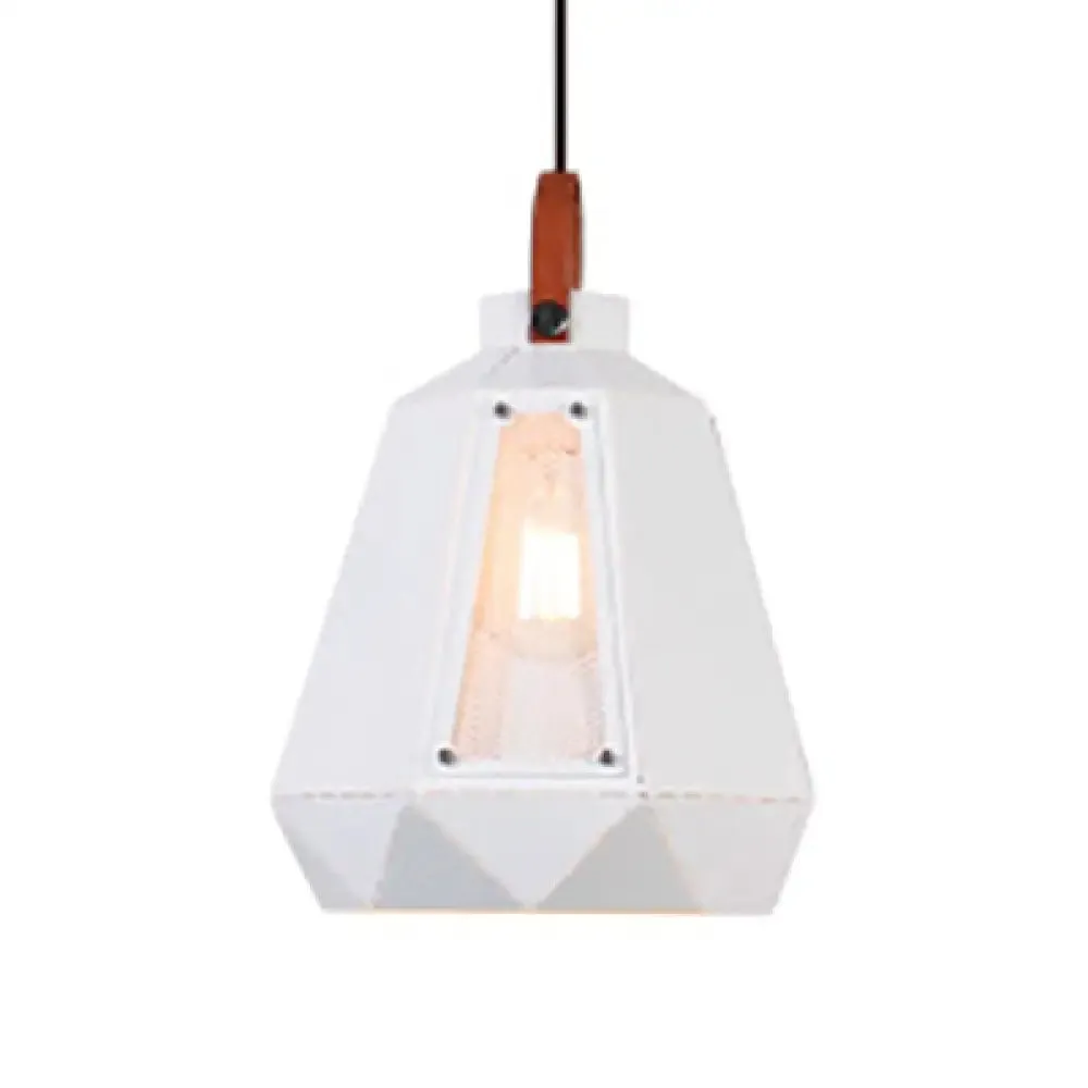 Geometric Dining Room Hanging Light - Industrial Loft Metal Pendant Lamp with Leather Strap, 1 Head, White/Black, Multiple Width Options