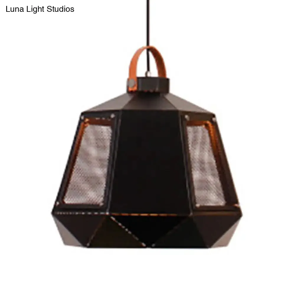 Geometric Dining Room Hanging Light - Industrial Loft Metal Pendant Lamp with Leather Strap, 1 Head, White/Black, Multiple Width Options