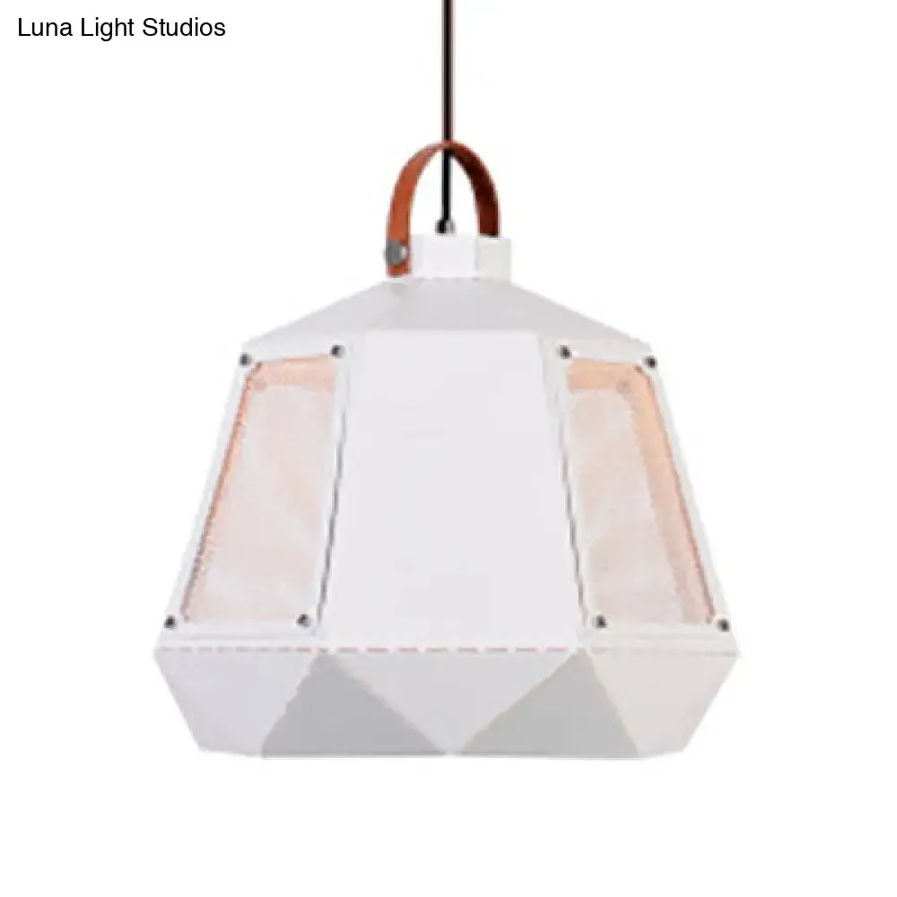 Geometric Dining Room Hanging Light - Industrial Loft Metal Pendant Lamp with Leather Strap, 1 Head, White/Black, Multiple Width Options