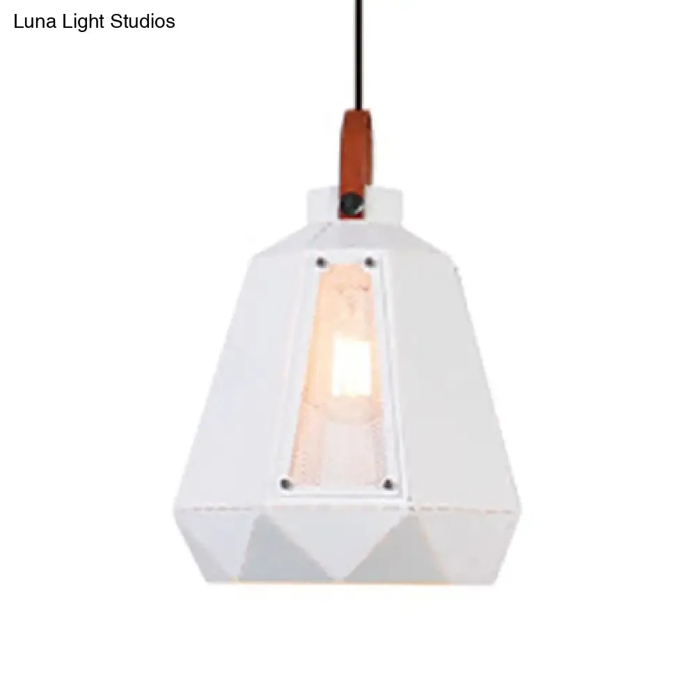 Geometric Dining Room Hanging Light - Industrial Loft Metal Pendant Lamp with Leather Strap, 1 Head, White/Black, Multiple Width Options