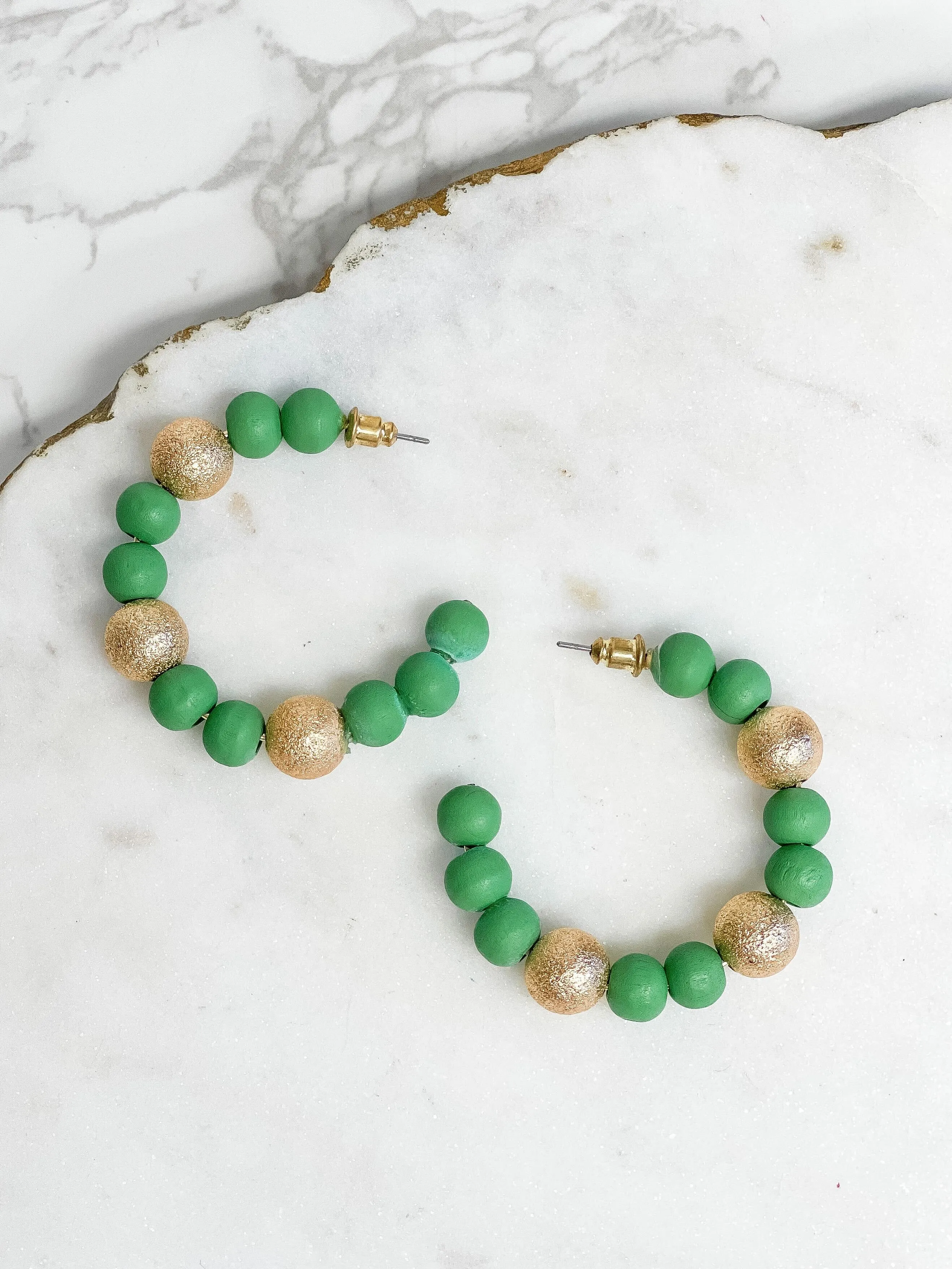 Gold & Color Bead Hoop Earrings - Green