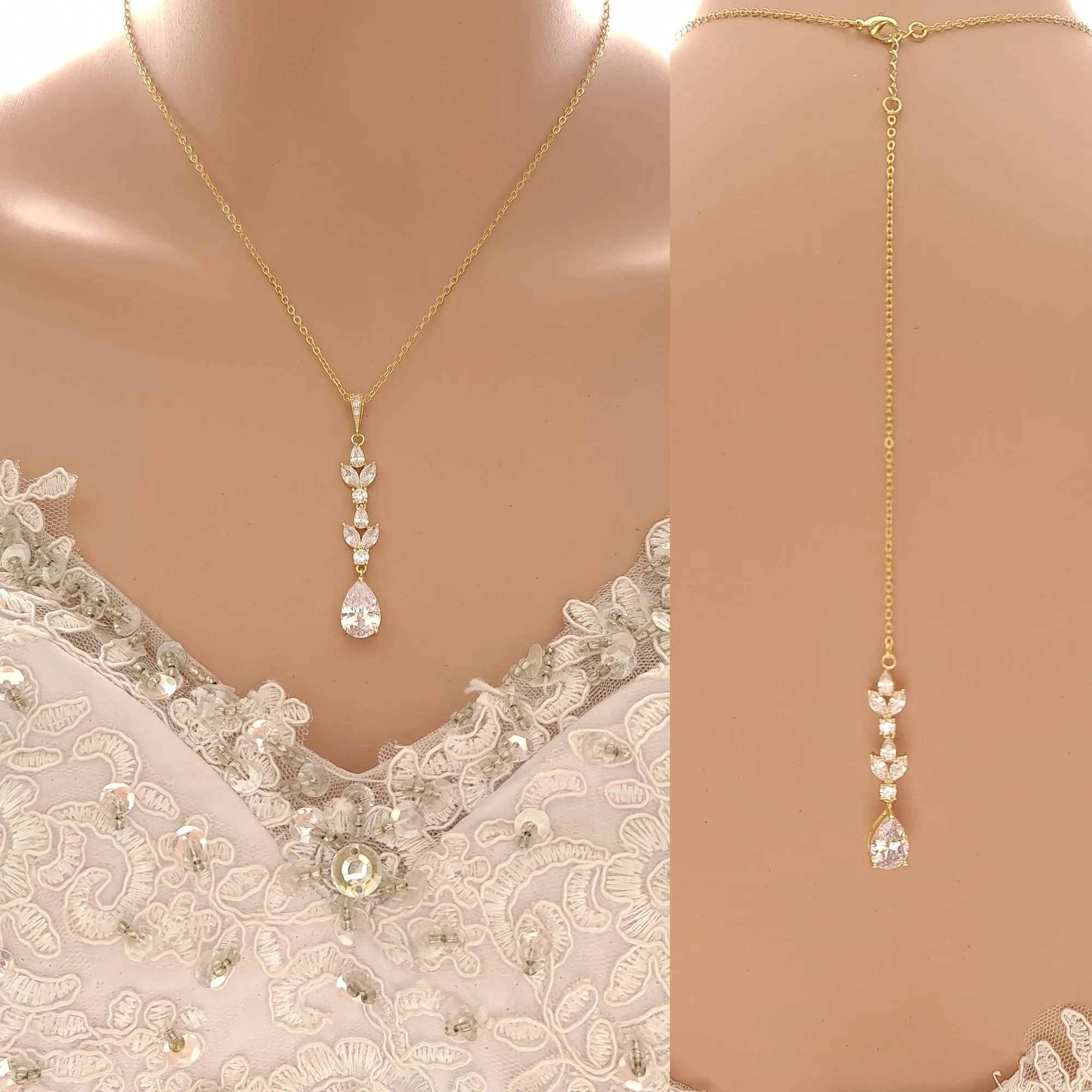 Gold Necklace with Long Pendant and Backdrop for Brides-Anya