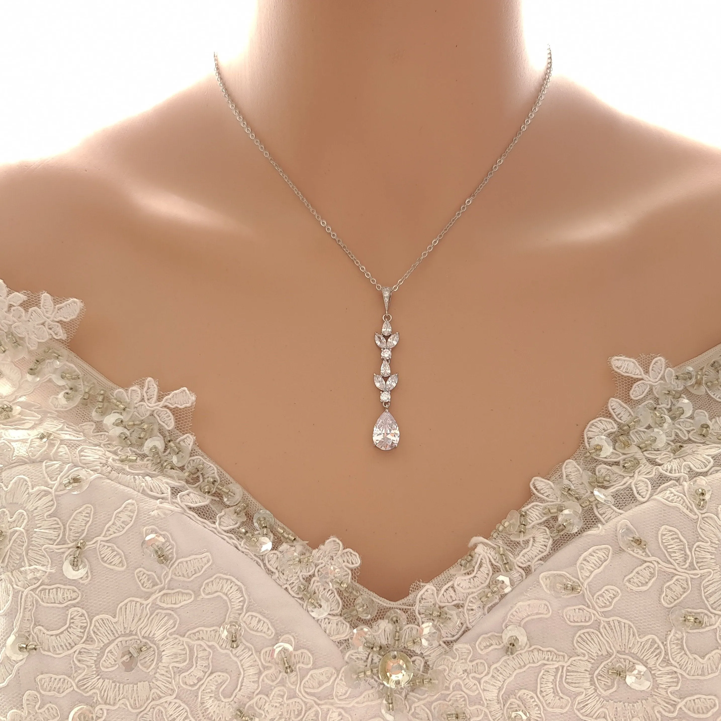 Gold Necklace with Long Pendant and Backdrop for Brides-Anya