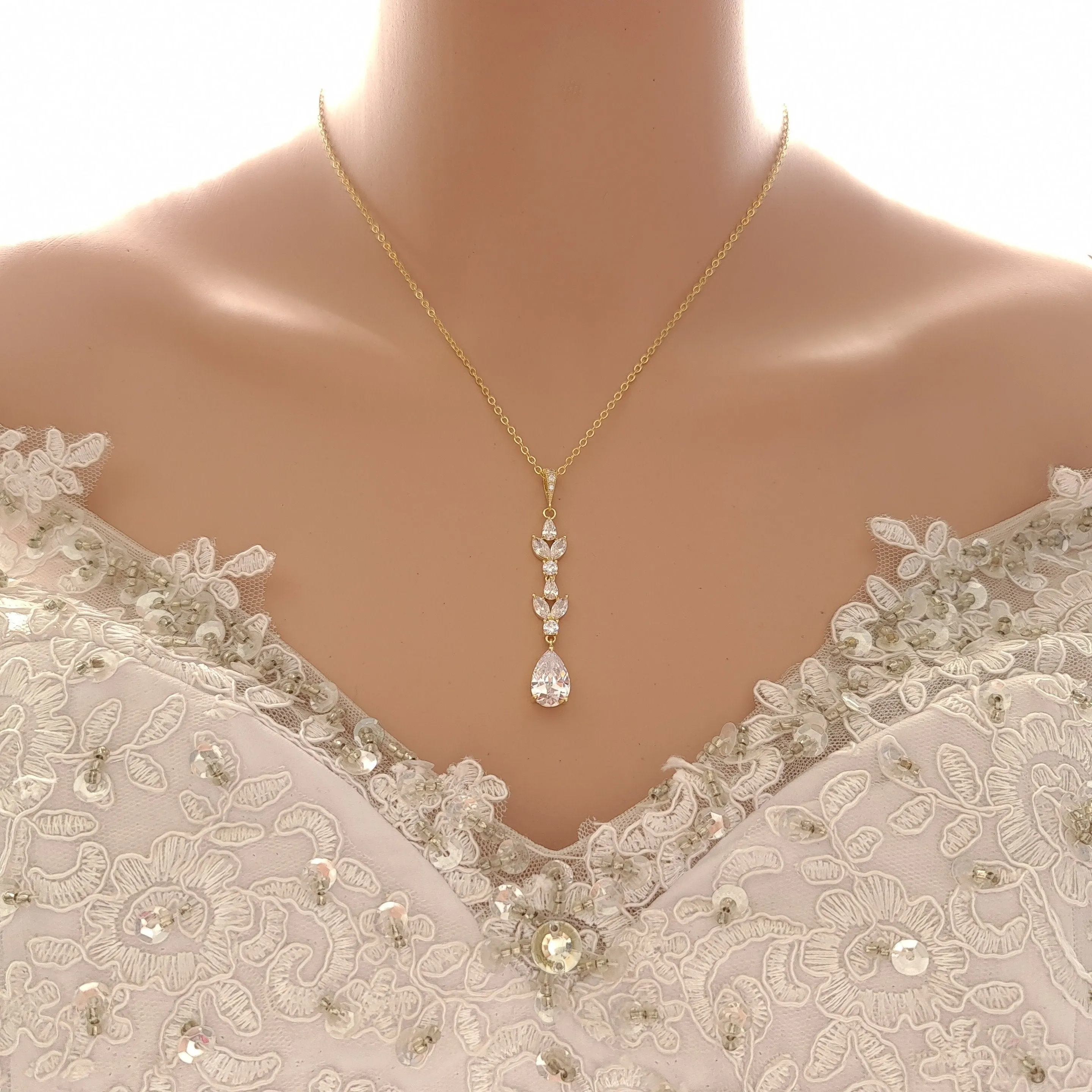 Gold Necklace with Long Pendant and Backdrop for Brides-Anya