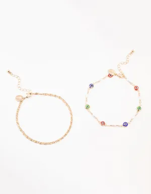 Gold  Pearl & Evil Eye Anklets 2-Pack