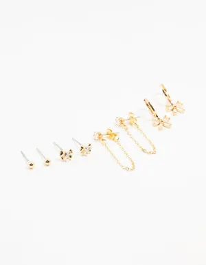 Gold Plated Heart Bow Chain Earrings 4-Pack