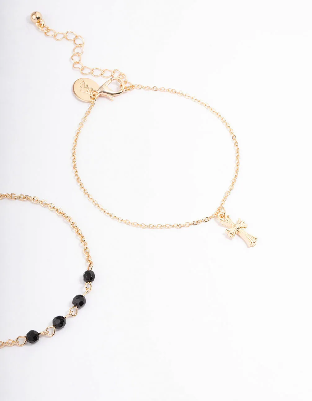 Gold Round Beaded & Cross Anklet Pack