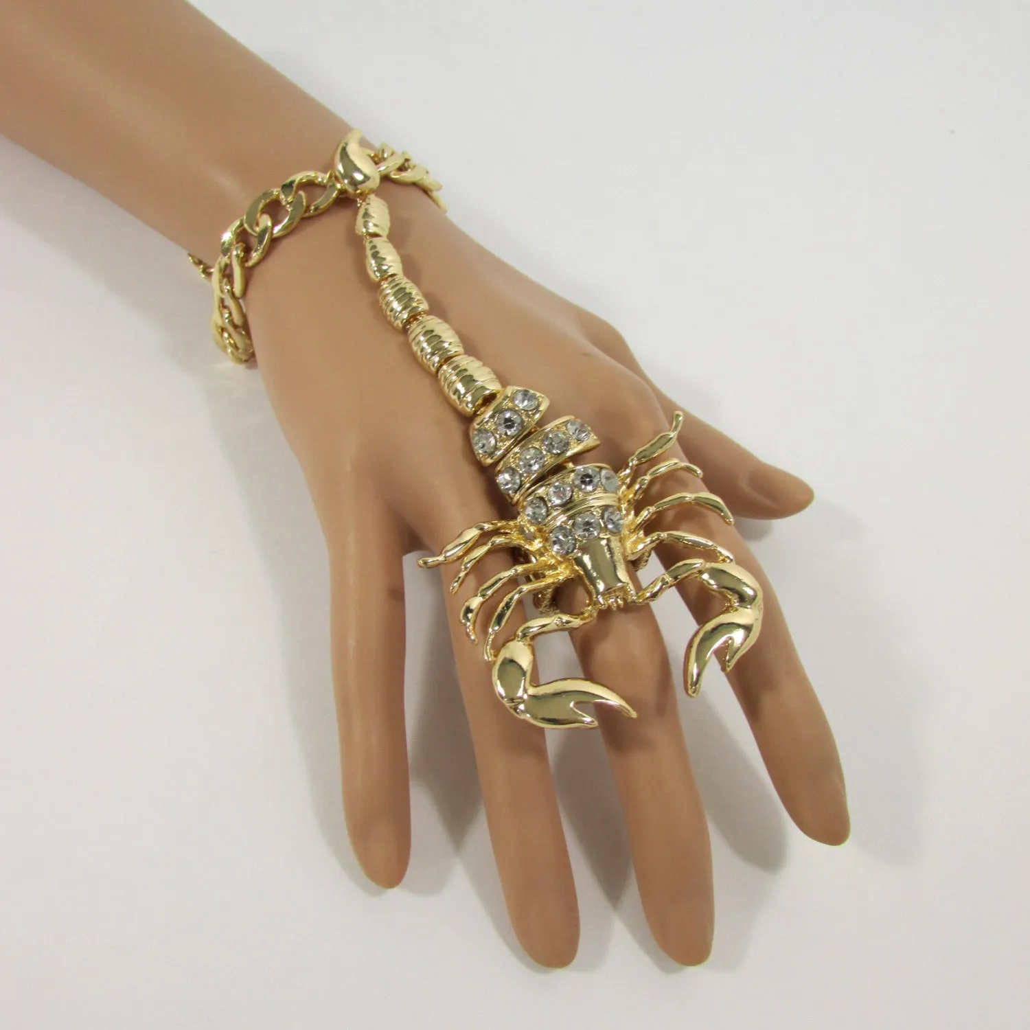 Gold Silver Metal Hand Chain Bracelet Connected Finger Ring Rhinestones Long Scorpion