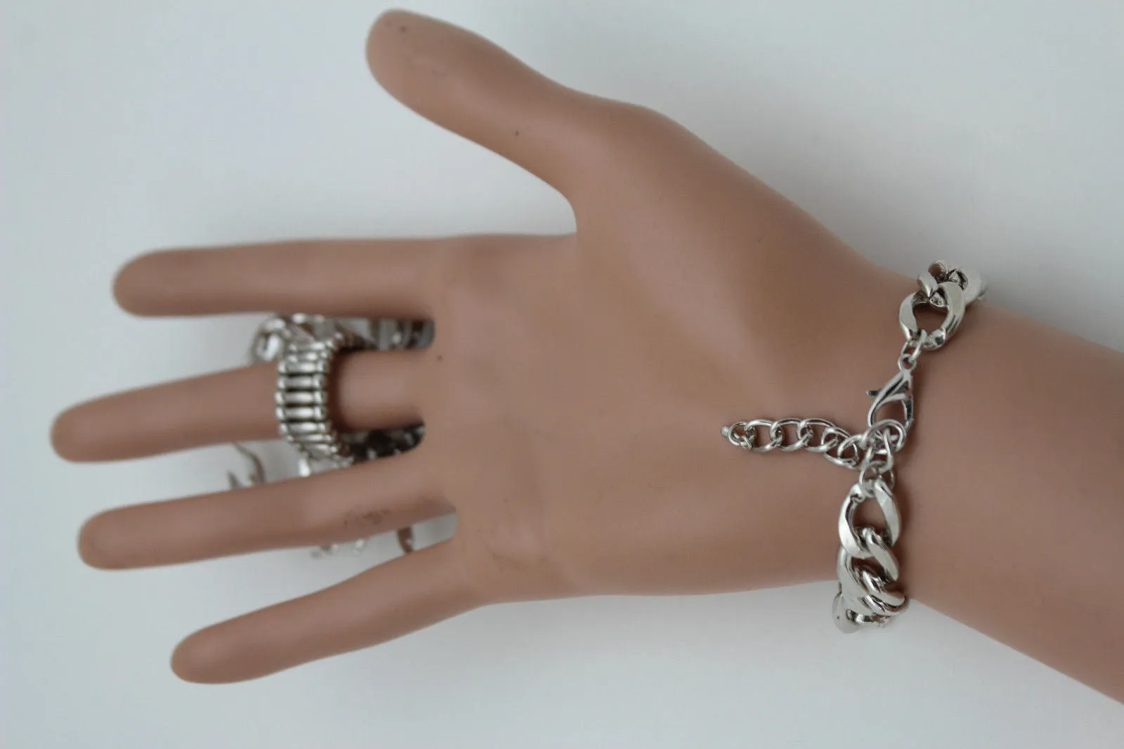 Gold Silver Metal Hand Chain Bracelet Connected Finger Ring Rhinestones Long Scorpion