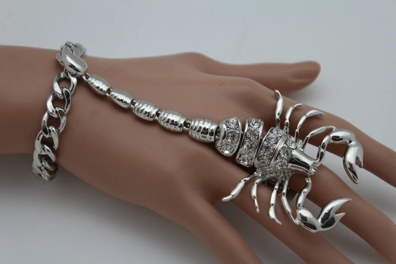 Gold Silver Metal Hand Chain Bracelet Connected Finger Ring Rhinestones Long Scorpion