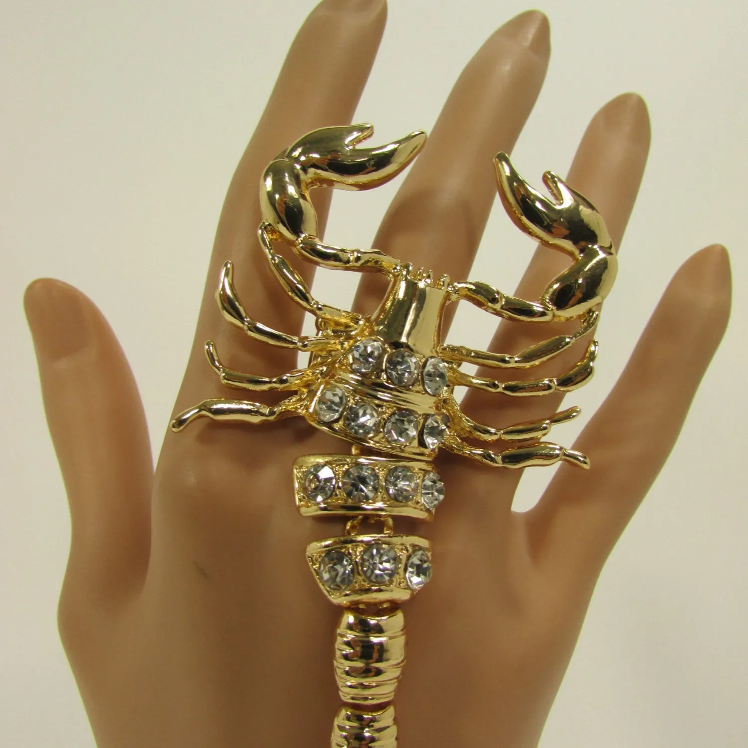 Gold Silver Metal Hand Chain Bracelet Connected Finger Ring Rhinestones Long Scorpion