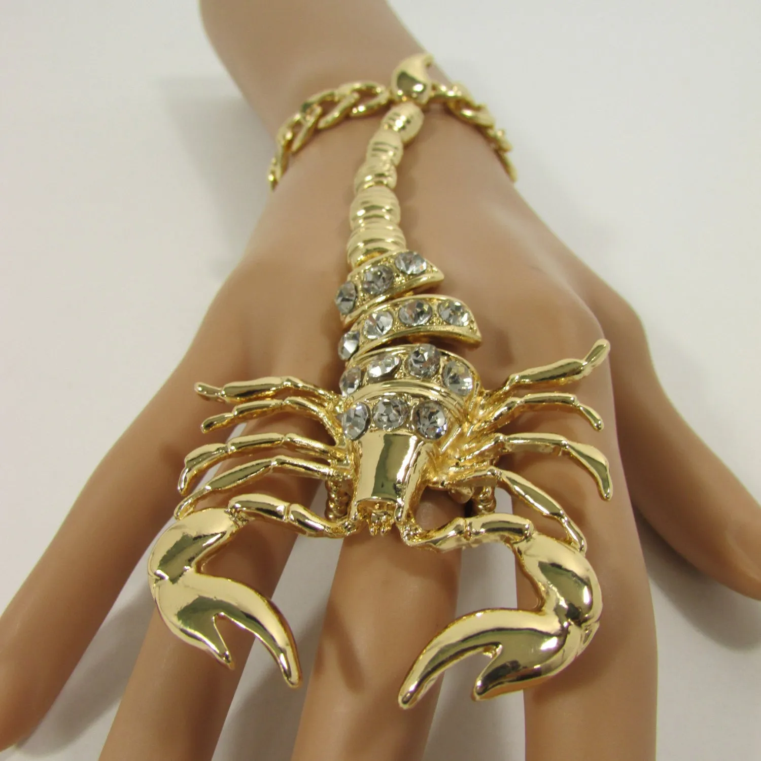 Gold Silver Metal Hand Chain Bracelet Connected Finger Ring Rhinestones Long Scorpion