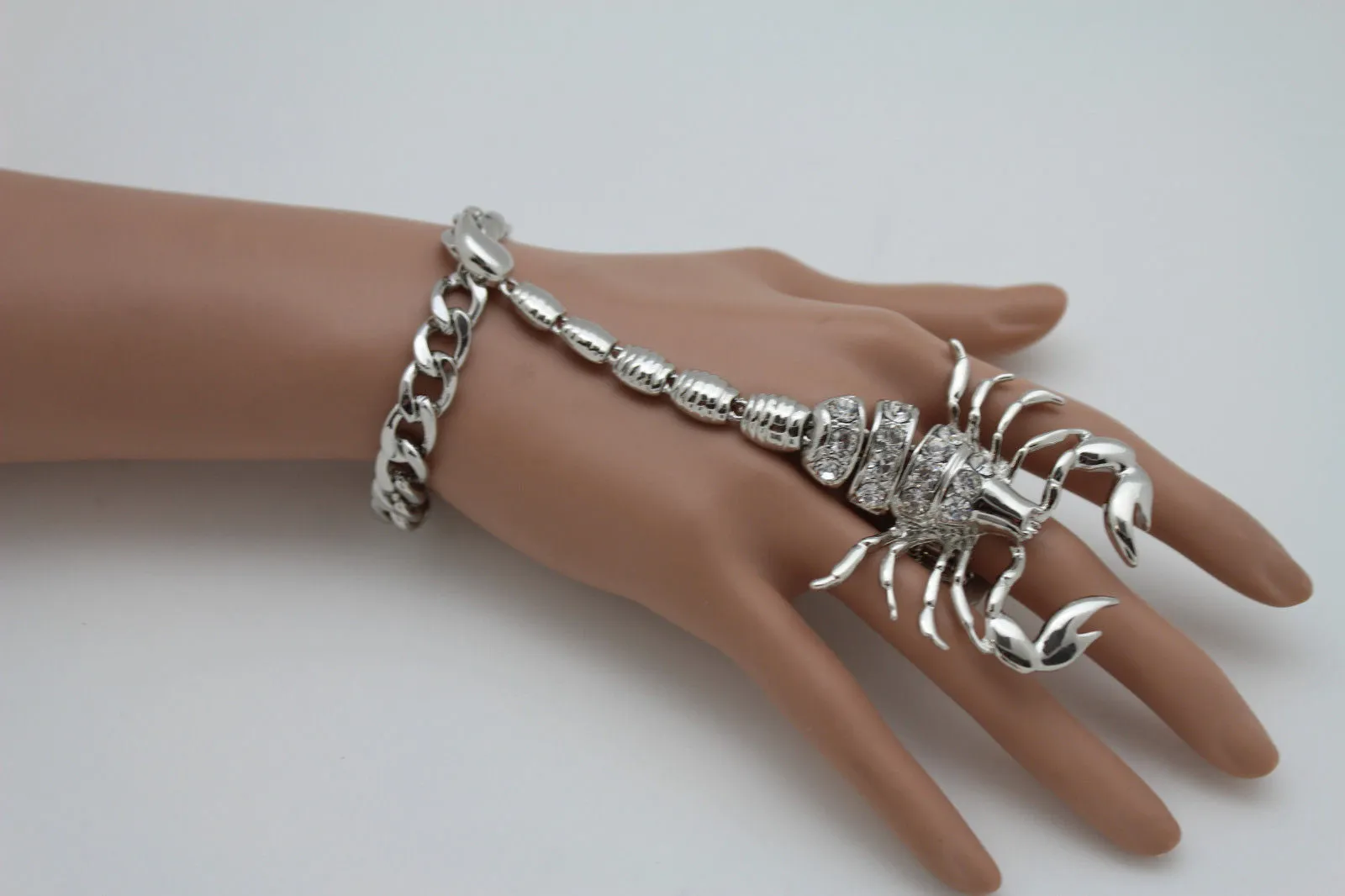 Gold Silver Metal Hand Chain Bracelet Connected Finger Ring Rhinestones Long Scorpion