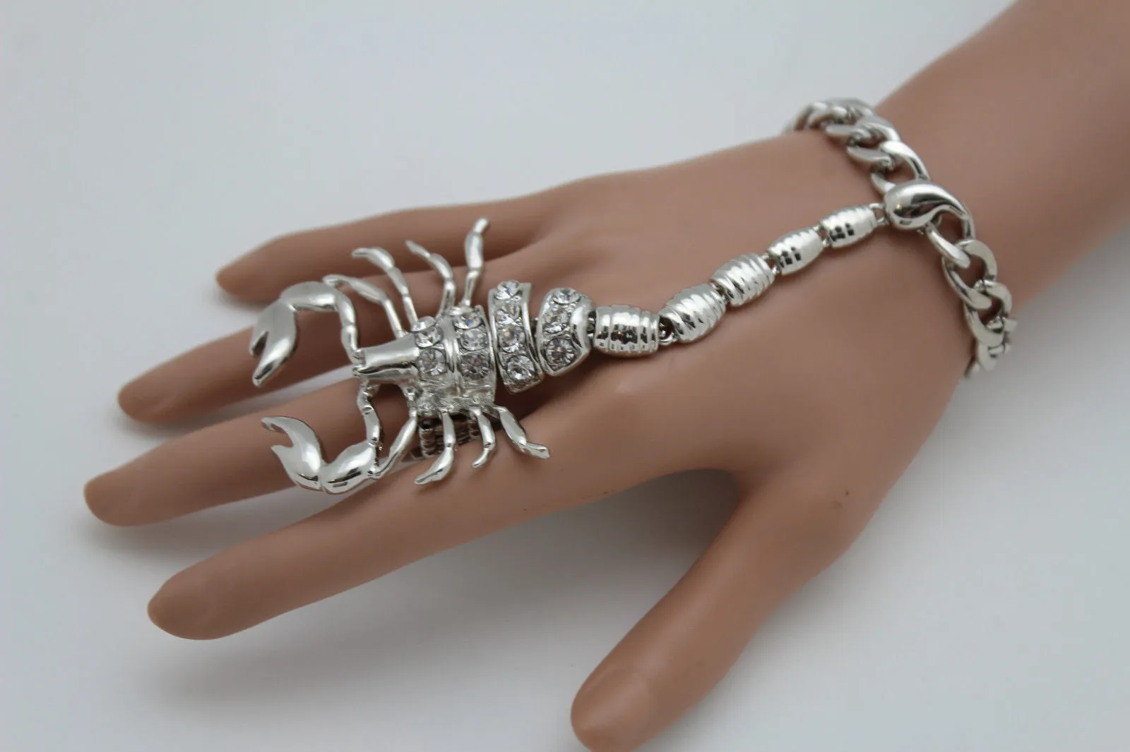 Gold Silver Metal Hand Chain Bracelet Connected Finger Ring Rhinestones Long Scorpion