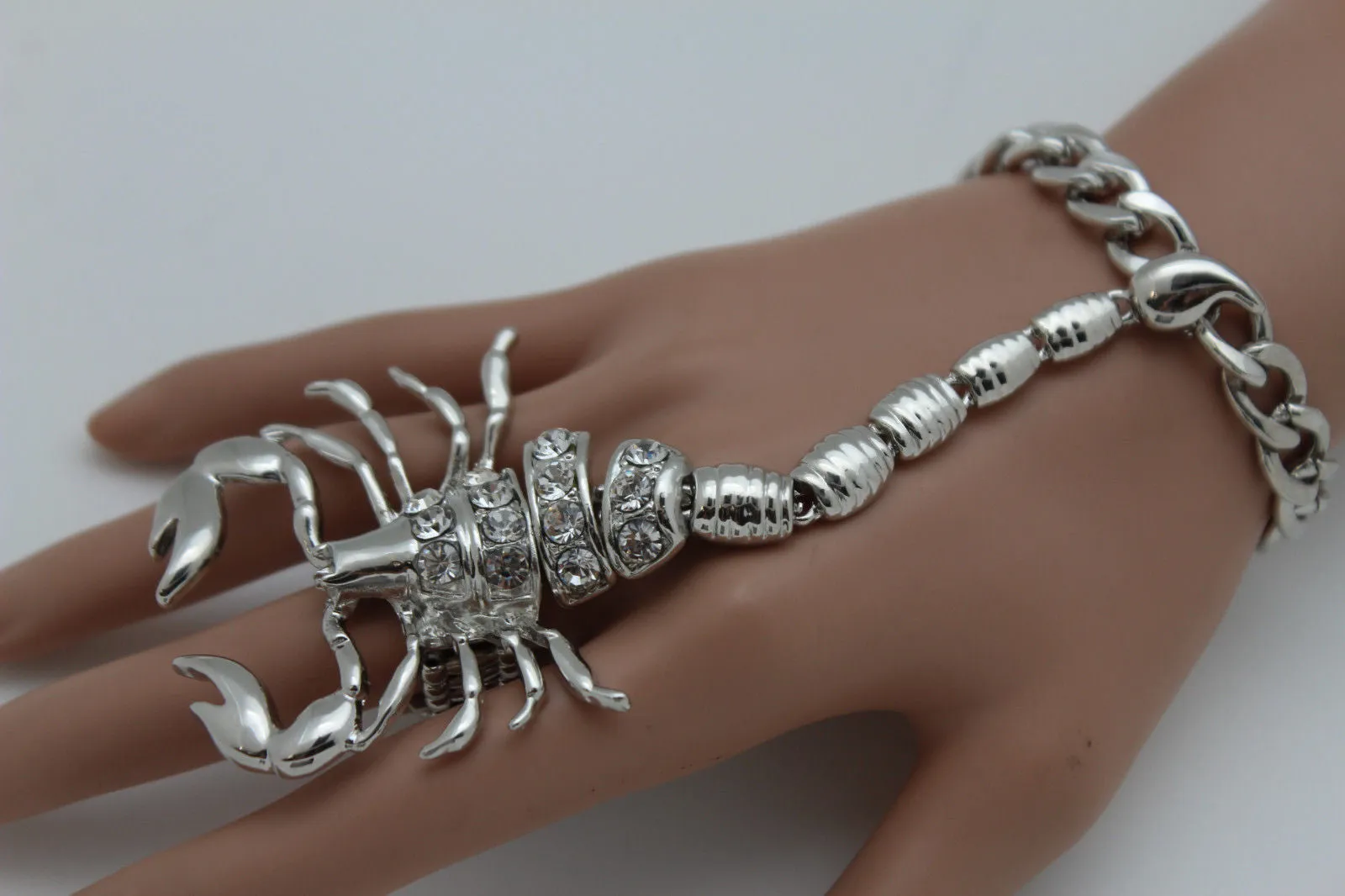 Gold Silver Metal Hand Chain Bracelet Connected Finger Ring Rhinestones Long Scorpion