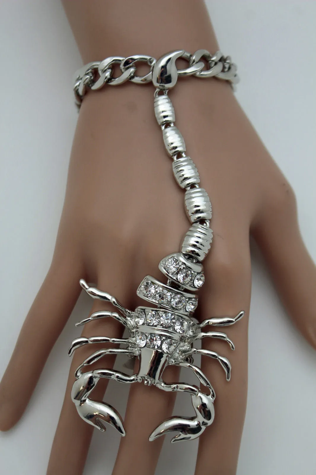 Gold Silver Metal Hand Chain Bracelet Connected Finger Ring Rhinestones Long Scorpion