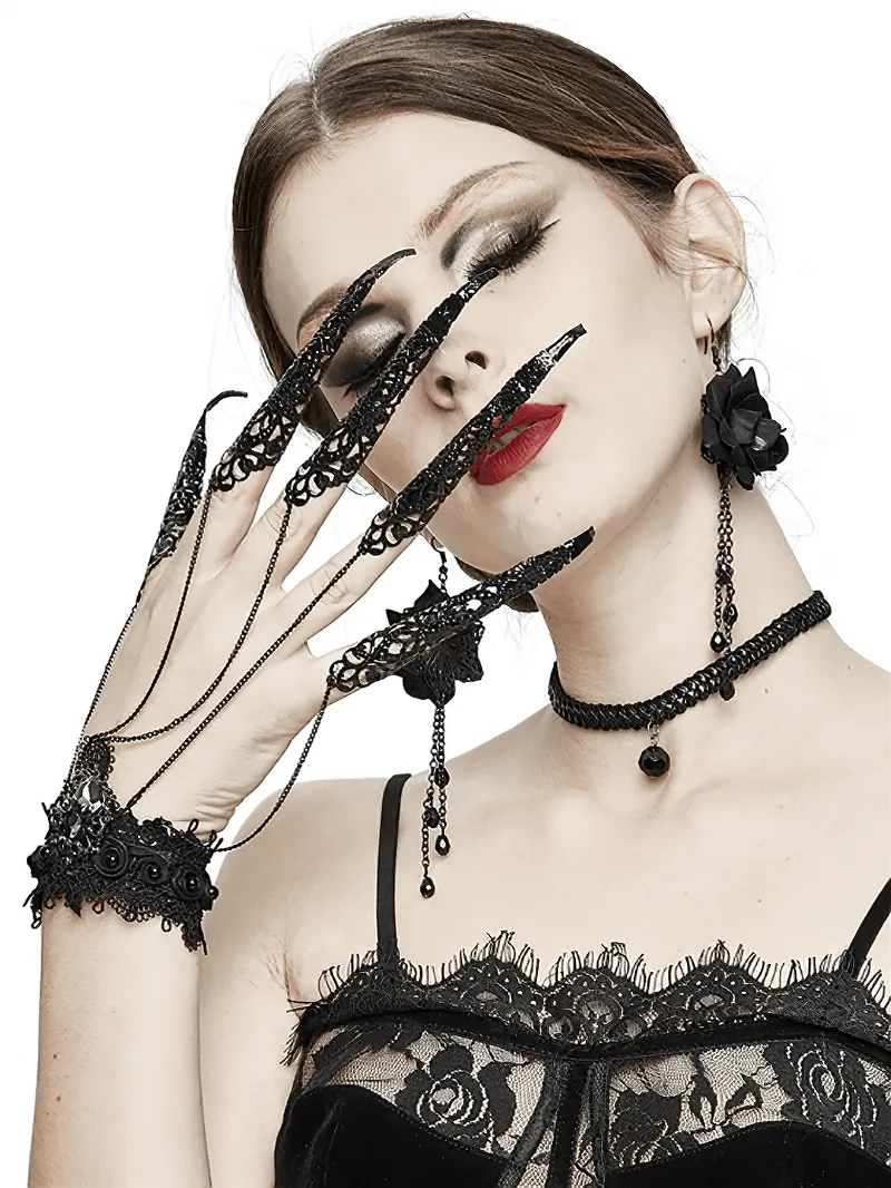 Gothic Black Bracelet With Finger Cover / Female Lace Bracelets with Chains