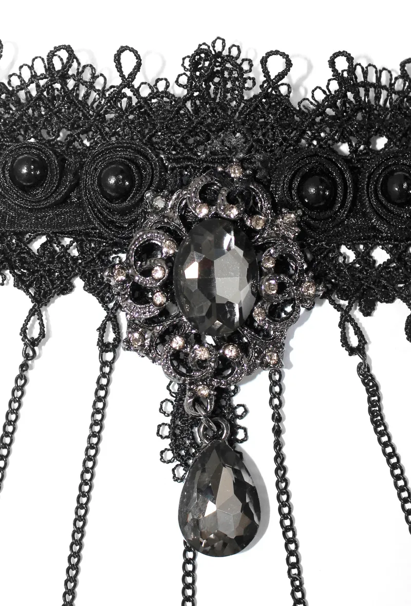 Gothic Black Bracelet With Finger Cover / Female Lace Bracelets with Chains