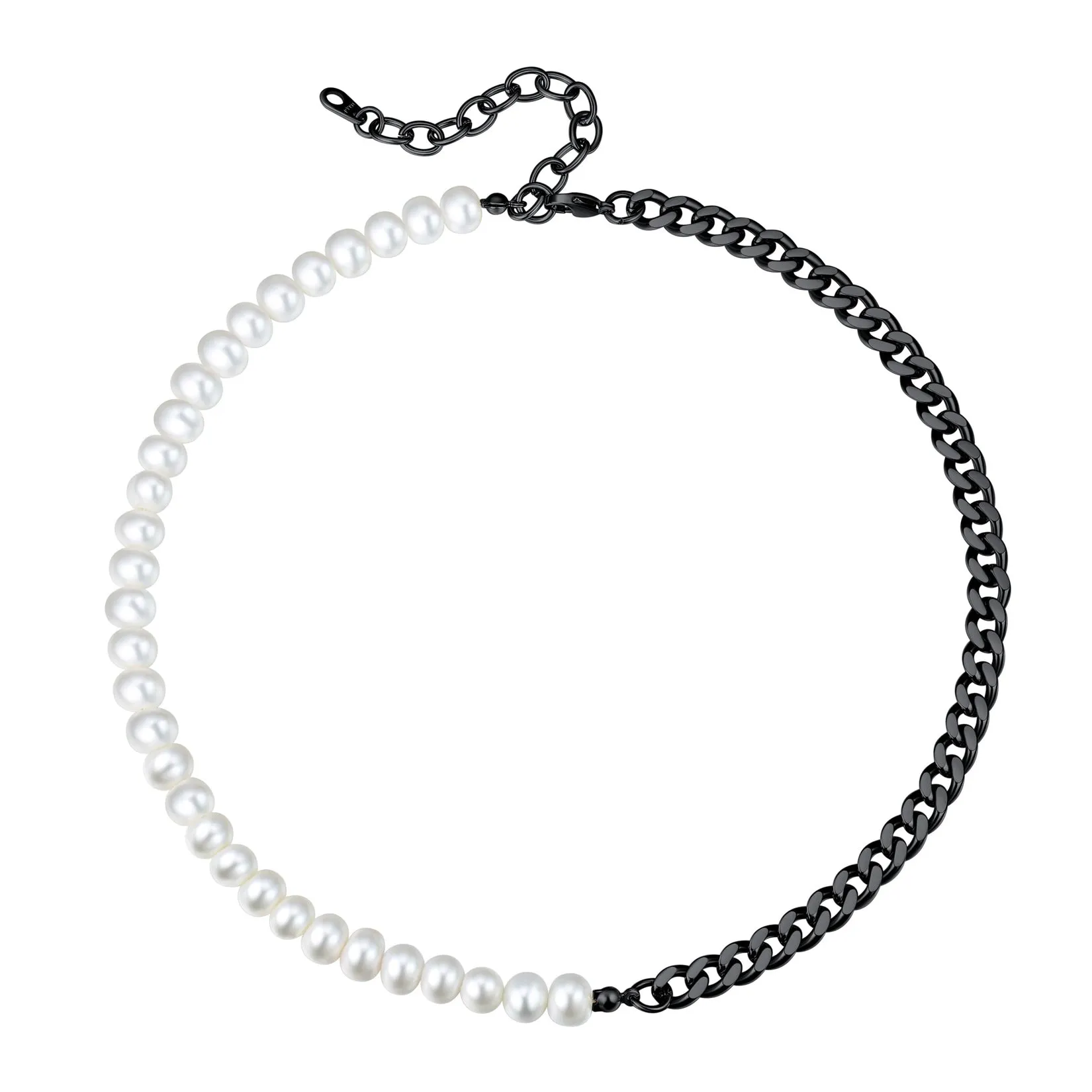 Half 8MM White Pearl and Half 8MM Cuban Link Choker Necklace