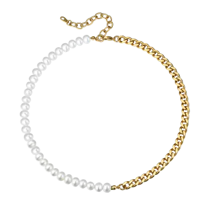 Half 8MM White Pearl and Half 8MM Cuban Link Choker Necklace