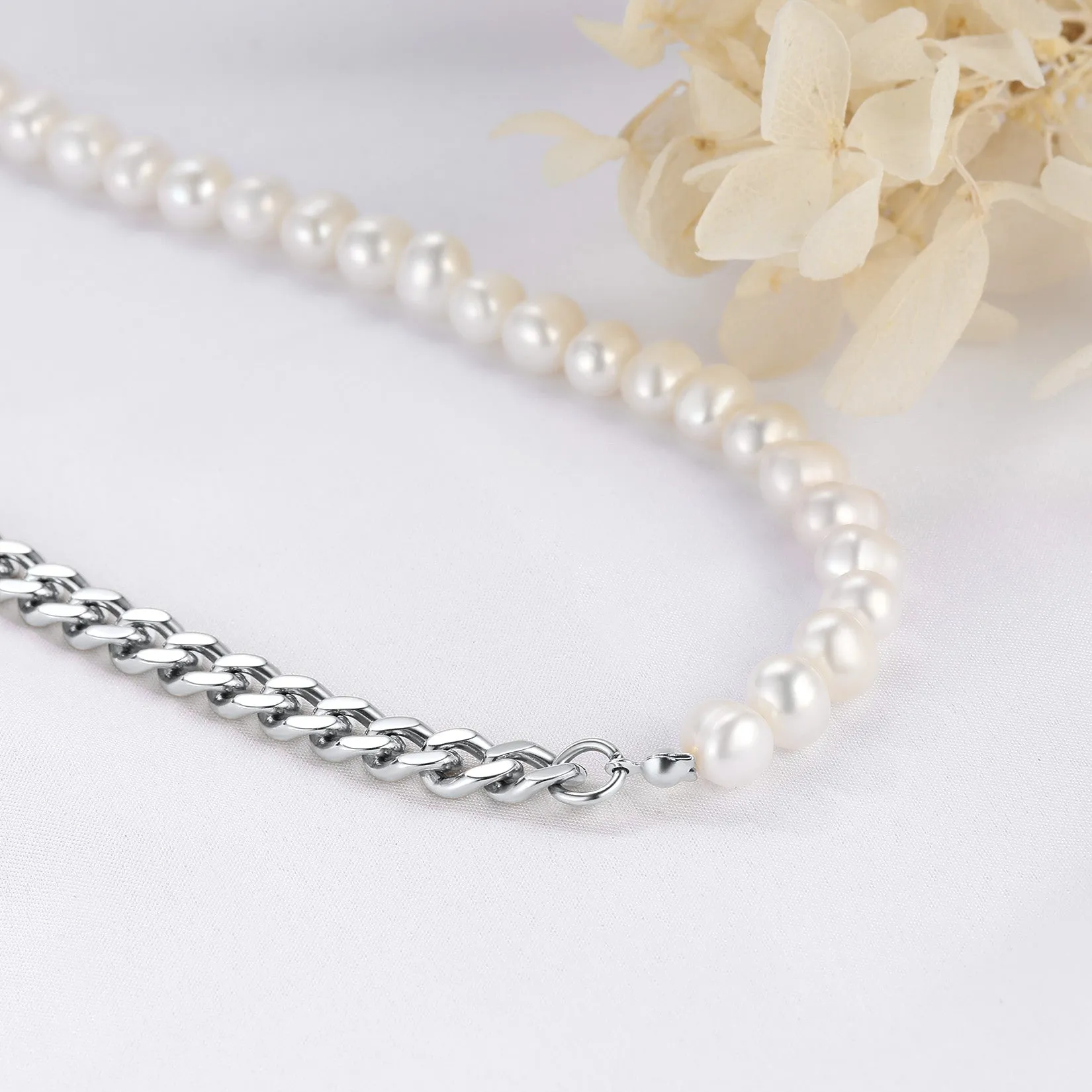 Half 8MM White Pearl and Half 8MM Cuban Link Choker Necklace