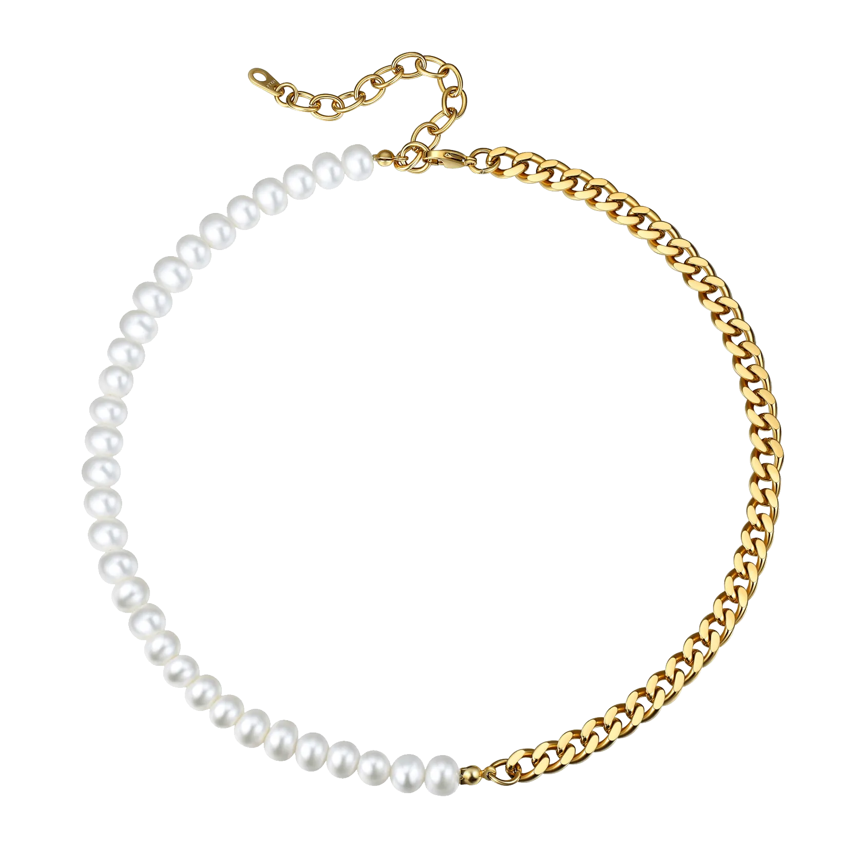 Half 8MM White Pearl and Half 8MM Cuban Link Choker Necklace