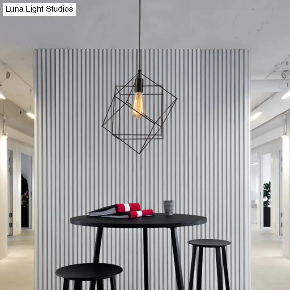 Hanging Industrial Black Metal Pendant Light - 1 Light Structural Cubic Design for Dining Room