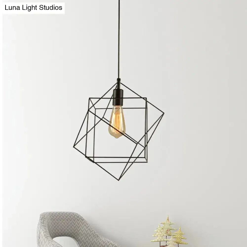 Hanging Industrial Black Metal Pendant Light - 1 Light Structural Cubic Design for Dining Room