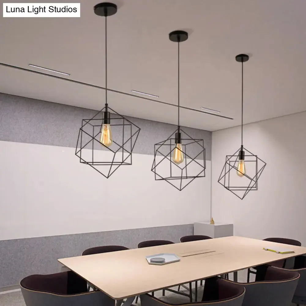 Hanging Industrial Black Metal Pendant Light - 1 Light Structural Cubic Design for Dining Room